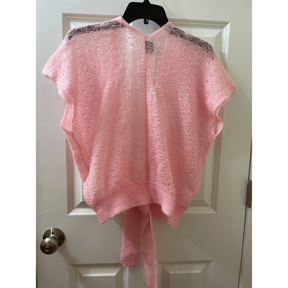 SPECIALTY HOUSE PINK Wavy Pointelle Tie Front Open Weave Cardigan Sweater OSFA - Picture 6 of 6